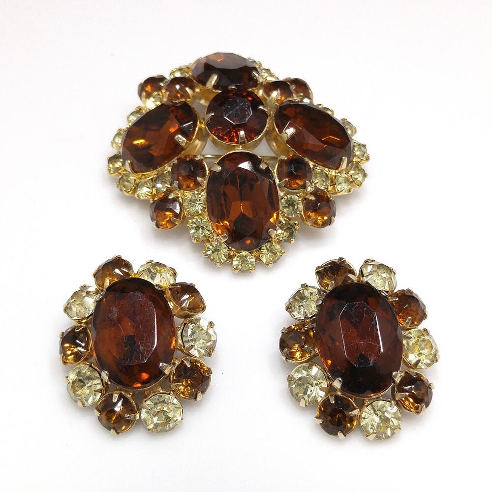 Vintage Topaz Rhinestone Brooch Earrings Set Gold Tone 1960s